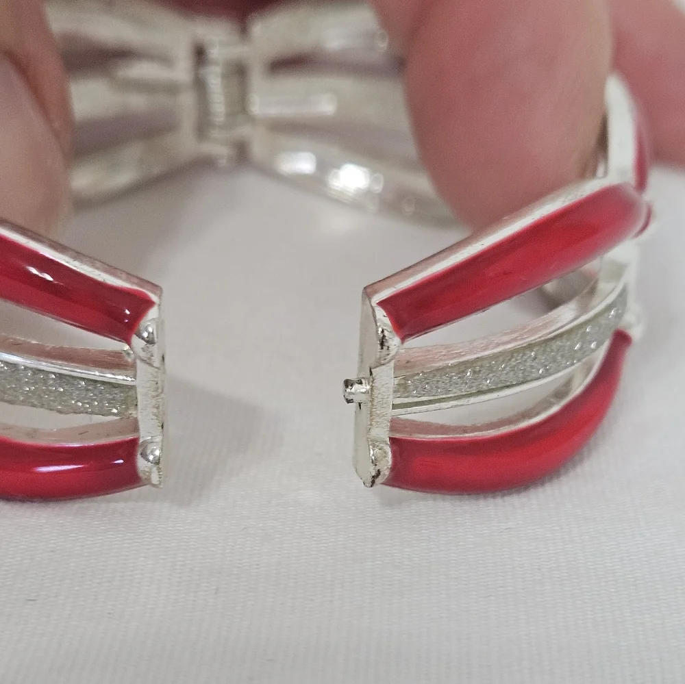 New York & Company Red Enamel Hinged Cuff Bracelet Silver Tone Bangle
